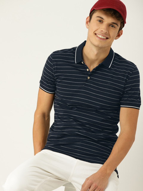 

United Colors of Benetton Men Navy Blue & White Striped Polo Collar T-shirt