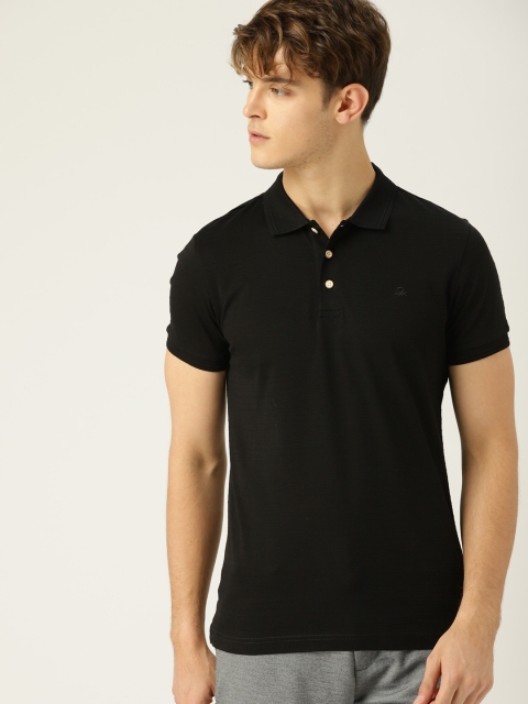 

United Colors of Benetton Men Black Self Design Polo Collar T-shirt