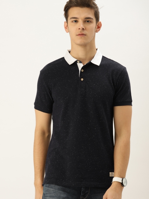 

United Colors of Benetton Men Navy Blue Linen Polo Collar T-shirt