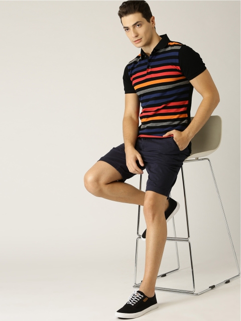 

United Colors of Benetton Men Black & Pink Striped Polo Collar T-shirt