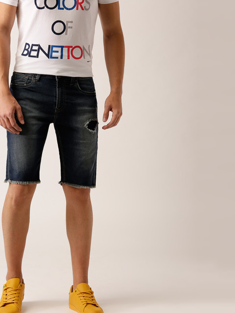 

United Colors of Benetton Men Navy Blue Washed Slim Fit Denim Shorts