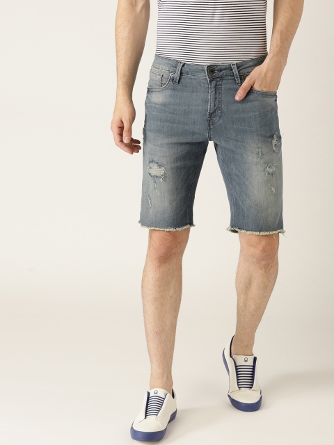

United Colors of Benetton Men Blue Washed Slim Fit Distressed Denim Shorts