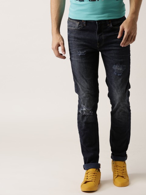 

United Colors of Benetton Men Navy Blue Slim Fit Mid-Rise Low Distress Stretchable Jeans