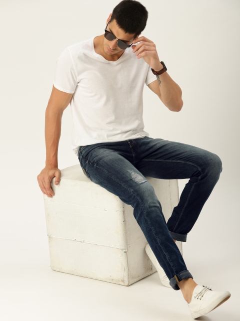 

United Colors of Benetton Men Navy Blue Slim Fit Mid-Rise Low Distress Stretchable Jeans