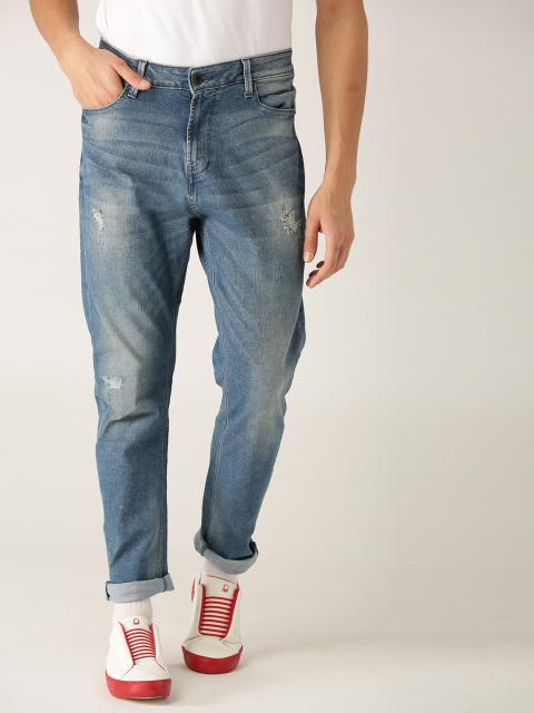

United Colors of Benetton Men Blue Carrot Fit Mid-Rise Low Distress Stretchable Jeans