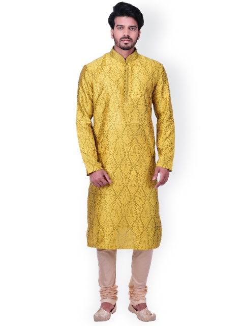 

Manyavar Men Yellow And Beige Self Design Kurta with Churidar