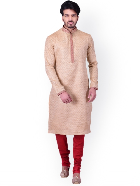 

Manyavar Men Beige & Red Self-Design Kurta with Churidar