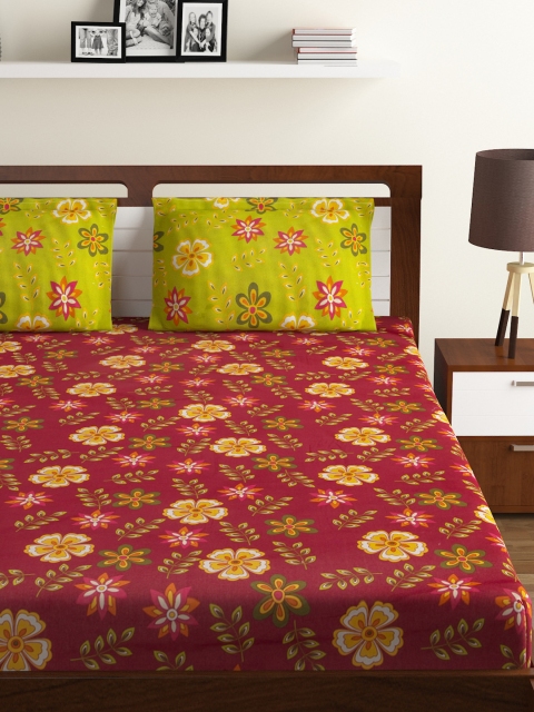 

BOMBAY DYEING Maroon Floral Flat 120 TC Cotton 1 King Bedsheet with 2 Pillow Covers