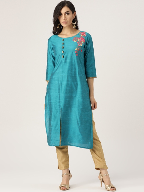

IMARA Women Blue Solid Straight Kurta with Embroidered Detail