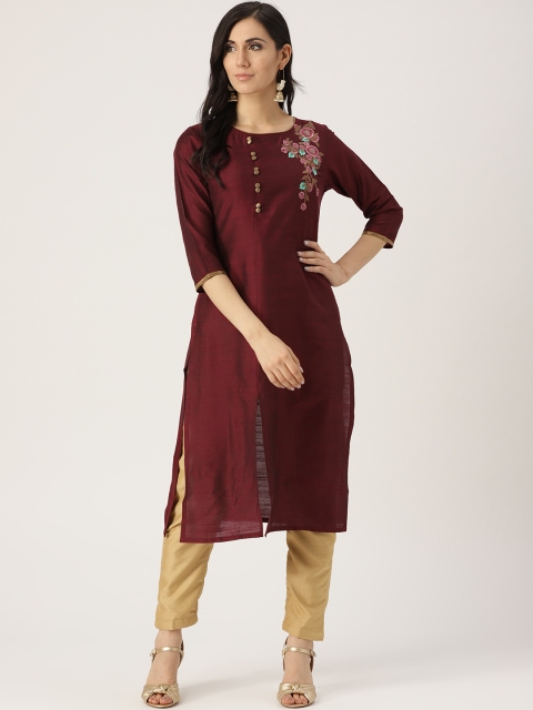 

IMARA Women Burgundy Solid Straight Kurta with Embroidered Detail