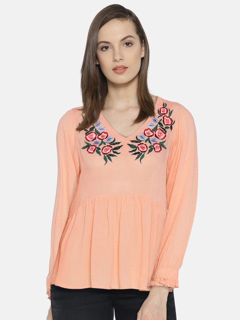 

Monte Carlo Women Peach-Coloured Embroidered Detail Semi-Sheer A-Line Top