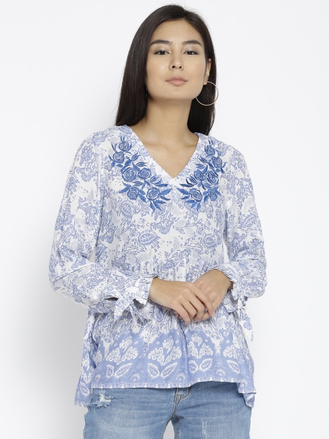 

Monte Carlo Women Blue & White Floral Print A-Line Top