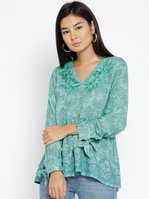 

Monte Carlo Women Sea Green Floral Print A-Line Top
