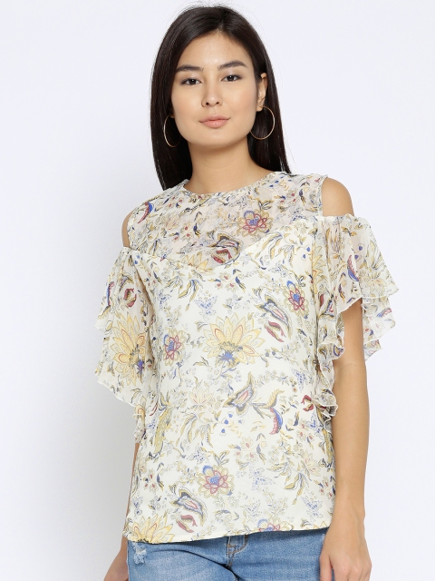 

Monte Carlo Women Cream-Coloured Printed Cold-Shoulder Top