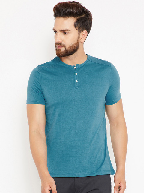 

Blackberrys Teal Blue Solid Henley Neck Pure Cotton T-shirt