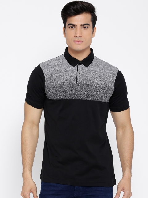 

Blackberrys Men Black & Grey Melange Colourblocked Polo Collar T-shirt