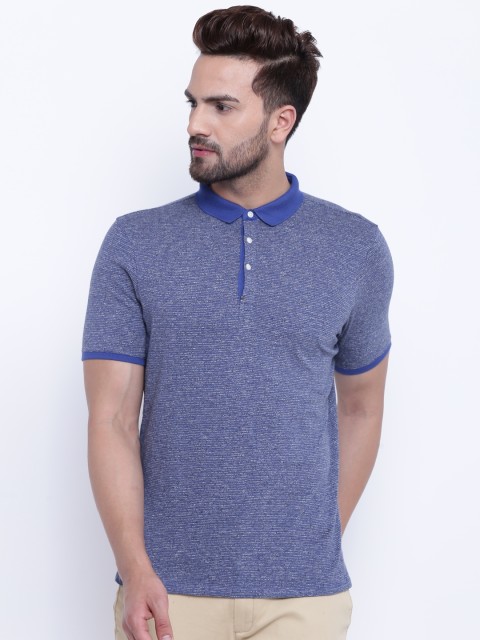 

Blackberrys Men Blue Self-Striped Polo Collar T-shirt