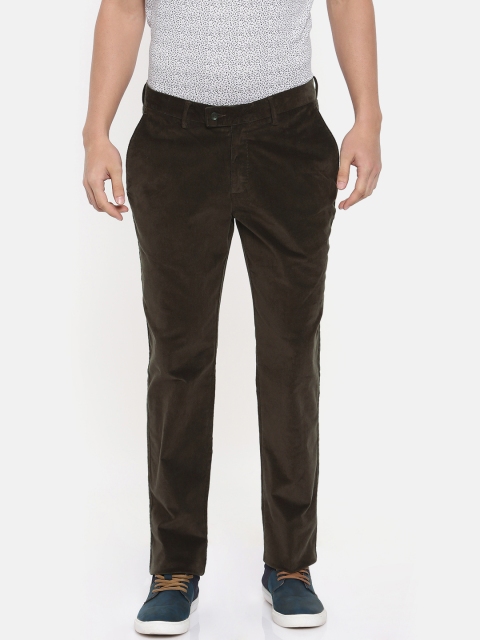 

Blackberrys Men Olive Brown Sharp Solid Corduroy Regular Trousers
