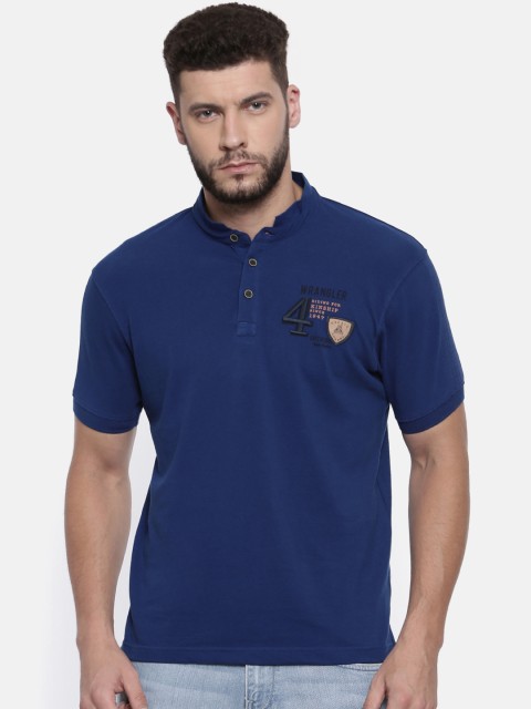 

Wrangler Men Blue Solid Mandarin Collar Pure Cotton T-shirt
