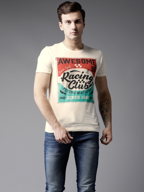 

Flying Machine Men Cream-Coloured Printed Round Neck T-shirt