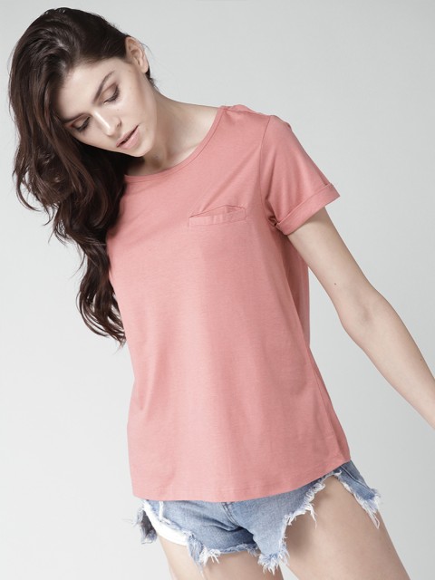 

Mast Harbour Women Pink Solid Round Neck Pure Cotton T-shirt