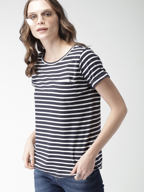 

Mast & Harbour Women Navy Blue & White Striped Round Neck T-shirt