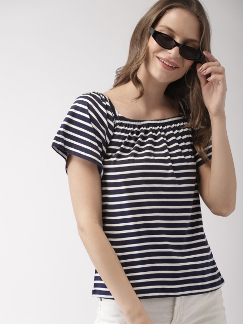 

Mast & Harbour Women Navy Blue Striped Bardot Top