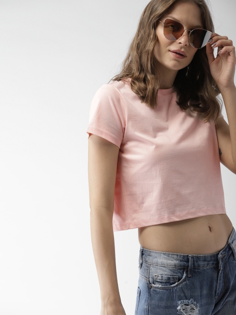 

Mast Harbour Women Pink Solid Round Neck Crop Pure Cotton T-shirt