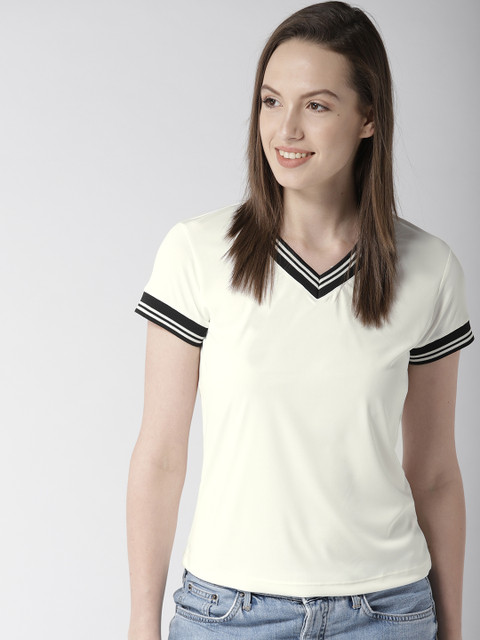 

Mast & Harbour Women Off-White Solid V-Neck T-shirt