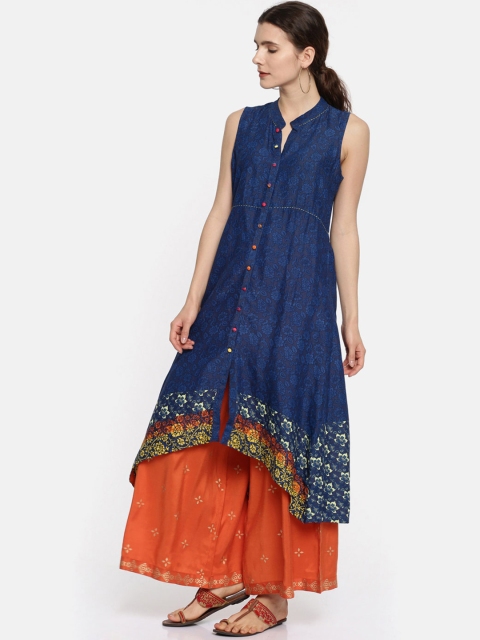 

Rangriti Women Blue Printed A-Line High-Low Kurta