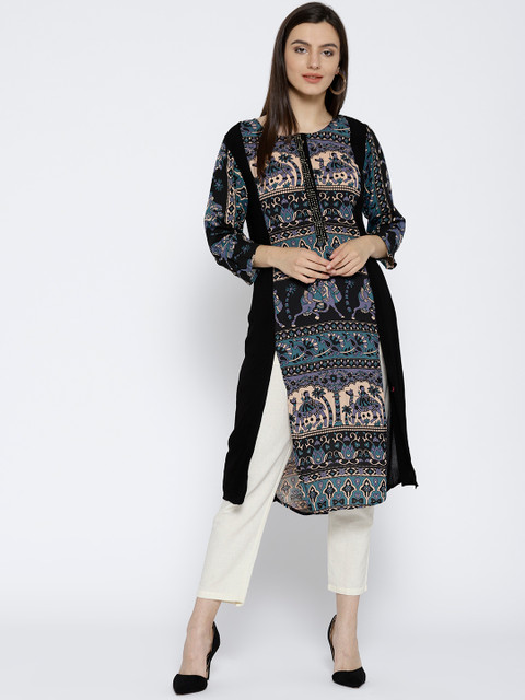 

Rangriti Women Black & Blue Quirky Print Straight Kurta