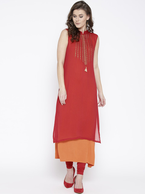 

Rangriti Women Red Printed A-Line Kurta
