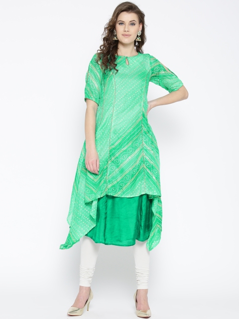 

Rangriti Women Sea Green Solid A-Line Kurta with Printed Layer