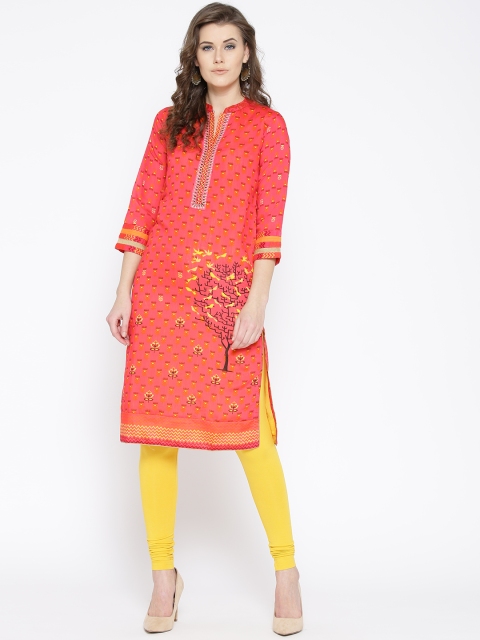 

Rangriti Women Pink & Yellow Printed Straight Kurta