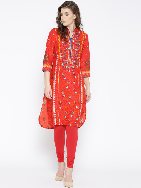 

Rangriti Women Red & Orange Printed Straight Kurta