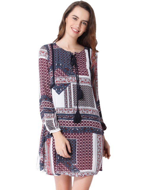 

ONLY Women Navy Blue & Burgundy Printed A-Line Dress