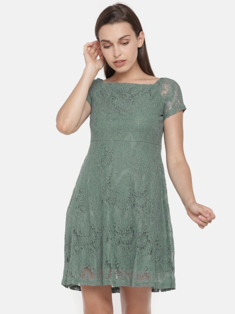 

ONLY Women Green Self Design Fit and Flare Dress