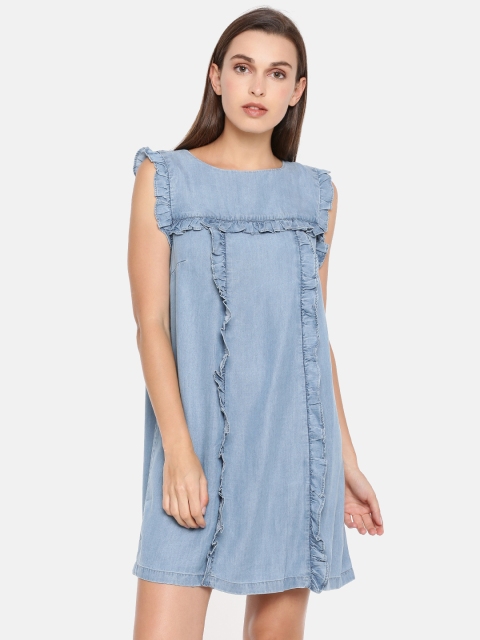 

ONLY Women Blue Solid Chambray A-Line Dress