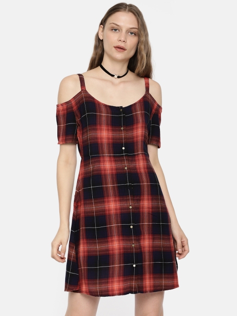 

ONLY Women Red & Navy Blue Checked A-Line Dress