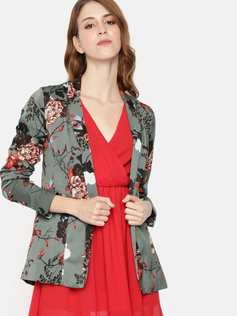

ONLY Women Charcoal Grey & Maroon Printed Open Front Casual Blazer