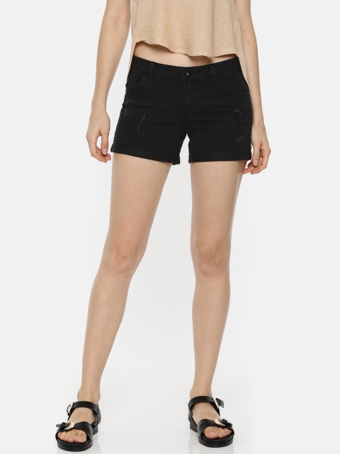 

Vero Moda Women Black Washed Slim Fit Distressed Denim Shorts