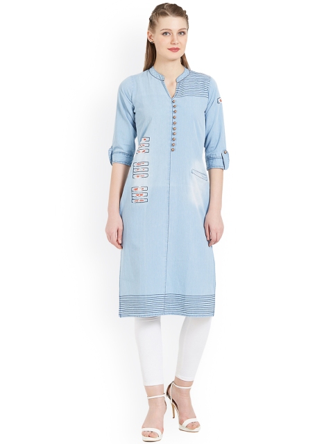 

Kvsfab Women Blue Dyed Denim Straight Kurta
