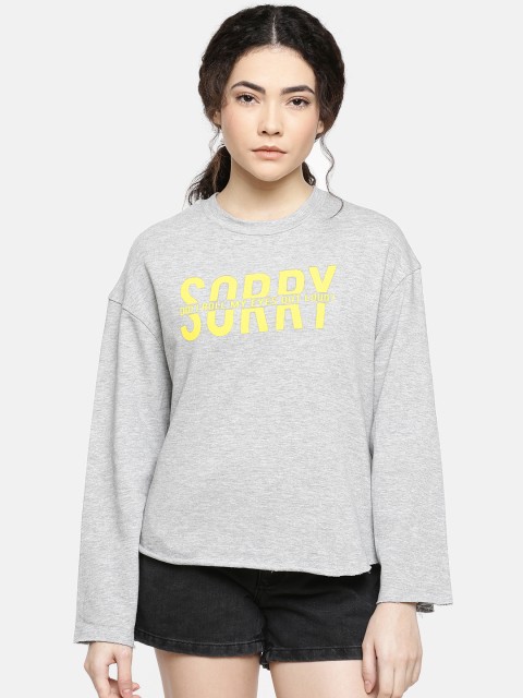 

ONLY Women Grey Melange Printed Round Neck Boxy T-shirt