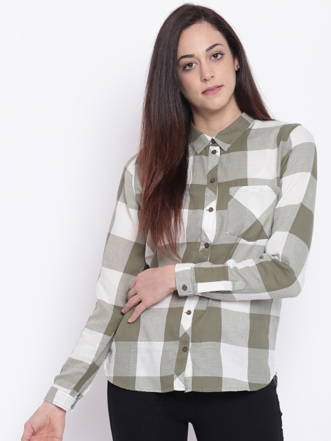 

ONLY Women White & Olive Green Boxy Checked Casual Shirt