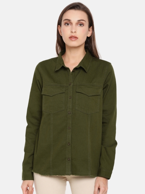 

ONLY Women Green Slim Fit Solid Denim Casual Shirt