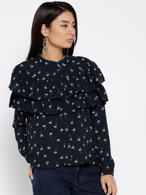 

ONLY Women Navy Blue Printed Ruffled Shirt Style Top