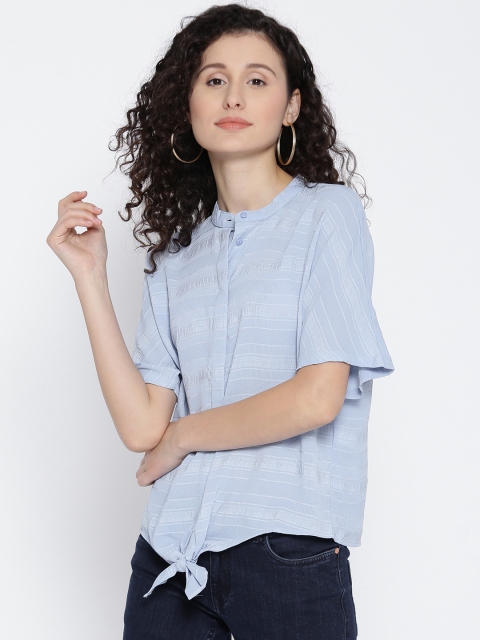 

ONLY Women Blue Self-Striped Shirt Style Top