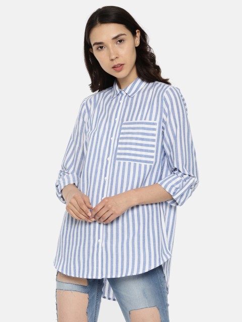 

ONLY Women White & Blue Regular Fit Striped Casual Shirt