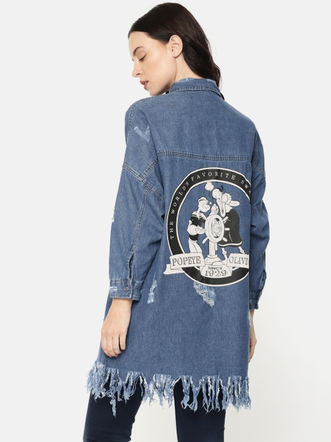 

ONLY Women Blue Boxy Fit Faded Casual Distressed Longline Popeye Denim Shirt