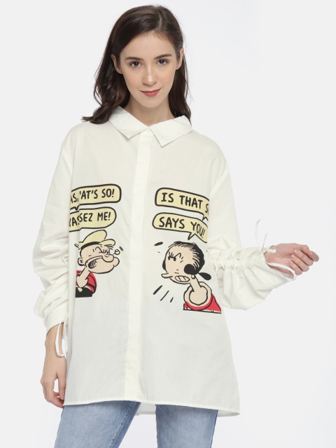 

ONLY Women White Boxy Printed Casual Longline Shirt